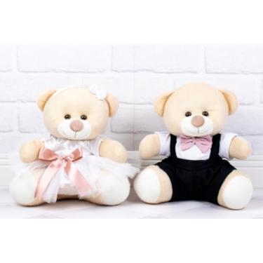 Imagem de PELUCIA URSO CASAL TEDDE PAJEM PRETO, DAMINHA BRANCA - 15CM/ PARA DECORAÇÃO (detalhes rosê)