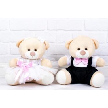 Imagem de PELUCIA CASAL URSOS TEDDE 26 CM - PAJEM PRETO, DAMINHA BRANCA PARA DECORAÇÃO (detalhes rosa)