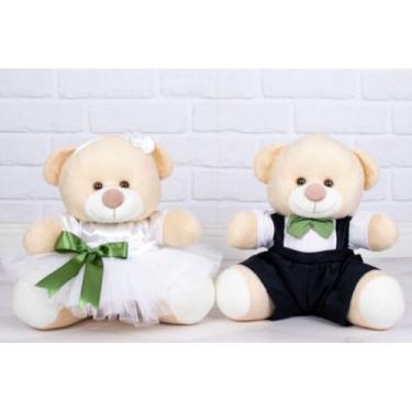 Imagem de PELUCIA URSO CASAL TEDDE PAJEM PRETO, DAMINHA BRANCA - 15CM/ PARA DECORAÇÃO (detalhes verde)