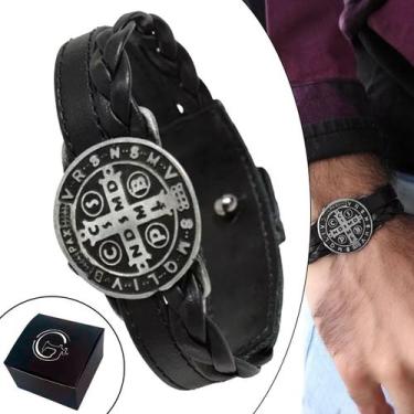 Imagem de Pulseira de Couro Masculina Country Ajustável São Bento Proteção Preto