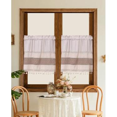Imagem de BOYOUTH Cortina de saia curta listrada marrom de linho e algodão, cortinas de bolso para cozinha, sala de jantar, café, banheiro decoração de janela pequena, 73 x 91 cm, 2 painéis