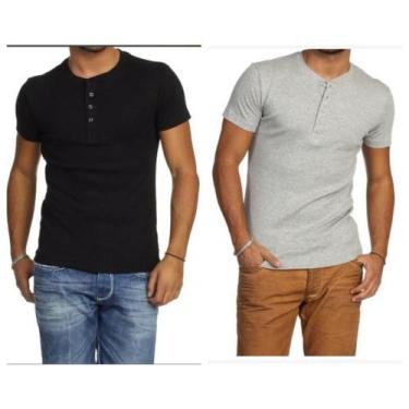 Imagem de Kit 2 Camiseta Henley Canelado Masculina 4 Botões Slim M Curta - J Sil