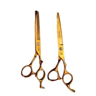 Imagem de Kit Tesoura Corte Profissional Mofashi Laser Desfiadeira 6.0, Dourado