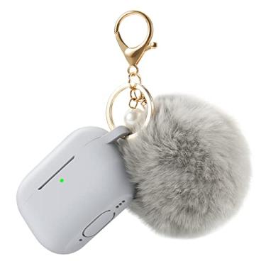 Imagem de Capa para Airpods Pro 2ª Geração Capa de Carregamento 2022, Capa Protetora de Silicone Macio com Chaveiro e Lindo Kit de Bola de Pom de Pele Visível de LED (Cinza)