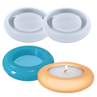 Imagem de Wehous 2 peças de suporte de vela redondo molde de resina silicone tealight moldes de suporte de vela votiva de cimento concreto moldes de silicone epóxi para fazer joias porta-joias bandeja de prato