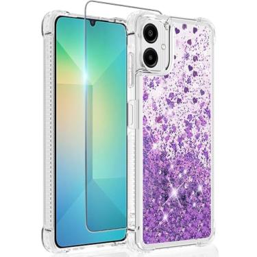 Imagem de Guzhthi Capa para Galaxy A06: Capa de telefone de canto à prova de choque de areia movediça líquida com glitter transparente para Samsung Galaxy A06 com protetor de tela de vidro temperado - roxo