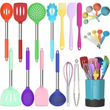 Imagem de Conjunto de utensílios de cozinha de silicone, fungun antiaderente, conjunto de utensílios de cozinha de 24 peças, utensílios de cozinha resistentes ao calor, utensílios de cozinha de silicone presente com cabo de aço inoxidável (colorido-24 peças)
