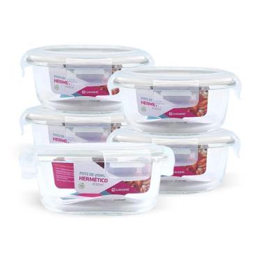 Imagem de Kit 5 Potes Pote Hermético De Vidro Redondo Pequeno 400ml Salada Fruta