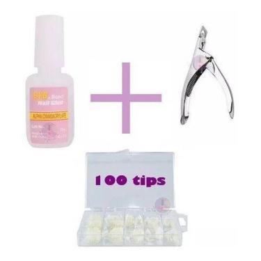 Imagem de Kit Cola Unhas Postiças Alicate 100 Unhas Tips Acrigel Gel - oem