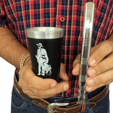 Imagem de Kit tereré cuia copo redondo 200ml alumínio parede dupla preto + bomba