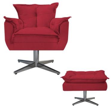 Imagem de Kit Poltrona e Puff Opala Base Giratória de Metal Suede Vermelho - DAM