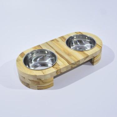 Imagem de Comedouro em Madeira Teca com Tigela de Inox para Pets - Utilitário De