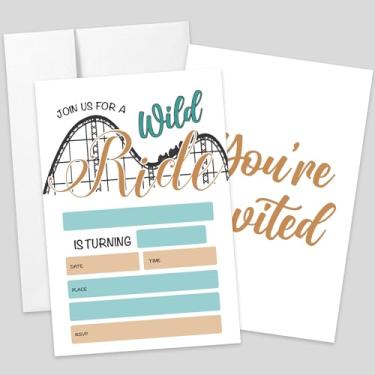 Imagem de AEHIE 20 conjuntos de convites de preenchimento em forma de festa Wild Ride com envelopes, convites temáticos de parque de diversões para adolescentes, meninas, meninos, montanha-russa, aniversário,