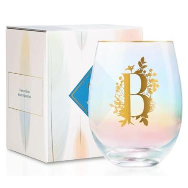 Imagem de Onebttl Presentes de vinho personalizados para mulheres, taça de vinho sem haste fofa com iniciais, presentes com monograma para amantes de vinho em aniversários de Natal, B