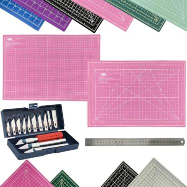 Imagem de Kit Base de Corte A3 30x45cm Multiuso Costura Artesanato Patchwork Desenho Jogo Estilete Precisão 13 Peças Regua Metal 30cm (Rosa)