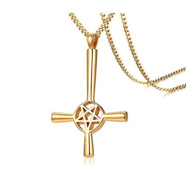 Imagem de Colar satânico masculino religioso, pentagrama, estrela de estanho, pingente satânico de cruz invertida de cabeça para baixo, corrente de 69 cm (ouro)