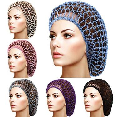 Imagem de 6 peças de rede de cabelo de malha macia raiom gorro de soneca para dormir crochê rede de cabelo longo cobertura de cabelo para mulheres acessórios de cabelo (preto, azul, rosa, roxo, cinza, cáqui)