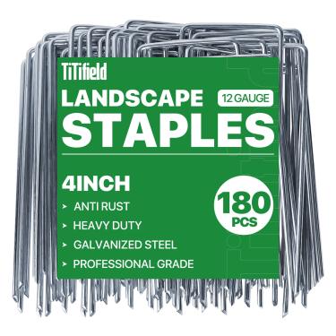 Imagem de TITifield Pacote com 180 grampos de paisagem galvanizados estacas de jardim antiferrugem para tecido de barreira de ervas daninhas, grama artificial e tecido de paisagem