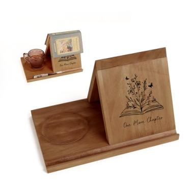 Imagem de LITIVY Marcador de livro triangular de madeira, pequena estante com suporte para bebida, descanso de leitura de livros de madeira com fenda, suporte de livro triangular para exibição de canto de livro