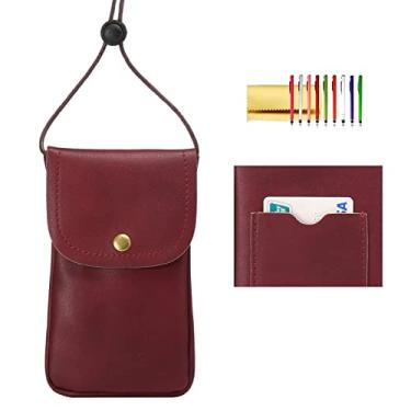 Imagem de Bolsa para celular e pescoço, bolsa de couro sintético Techcírculo com suporte para cartão de crédito e alça ajustável, pequena bolsa de viagem para iPhone 11 XR XS Max SE 8 7 6 Plus, Galaxy S10 S7 Edge A10 J7, Moto G6, Vermelho