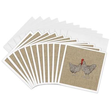Imagem de 3dRose Cartões comemorativos - Imagem de galinha e galão sobre fundo de linho - linho não real - 15 x 15 cm, conjunto de 12 (gc_297885_2)