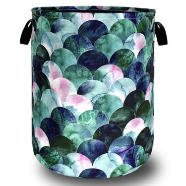 Imagem de Cesto de lavanderia escamas de sereia verde bonito cesto de roupa suja engraçado pano oxford dobrável bolsa colorida bolsa de armazenamento de roupas balde de armazenamento de brinquedos 48 cm x 42 cm