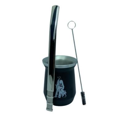 Imagem de Kit tereré cuia copo redondo 350ml alumínio parede dupla preto + bomba