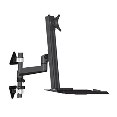 Imagem de Braço de suporte de ecrã suporte para monitor montado na parede, suporte para monitor para equipamentos industriais com bandeja dobrável para teclado, estação de trabalho ajustável para sentar e parar