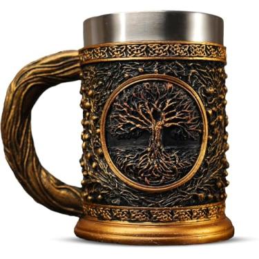 Imagem de Caneca Viking Original Artesanal - Caneca de Cerveja Yggdrasil Árvore da Vida de 590 ml - Copo Pesado Pirata Celta Medieval de Aço Inoxidável - Presentes de Decoração de Mitologia Nórdica para Homens