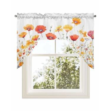 Imagem de YESOF66 Swag Cortina Tier Kitchen Valance 3 painéis, pintura a óleo aquarela flor de papoula brilhante, design de bolso para varão, tratamentos de janela, quarto, privacidade, filtro de luz, painéis