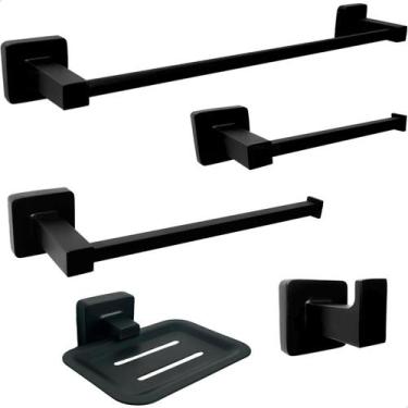 Imagem de Kit Banheiro Preto Fosco Metal Inox Quadrado Toalheiro Reto Cabide Por