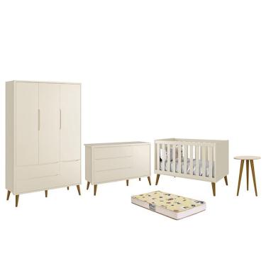 Imagem de Dormitório Infantil Theo Retrô 3 Portas, Cômoda 1 Porta, Berço, Mesa de Apoio com Pés Amadeirado e Colchão D18 - Reller Móveis Areia Fosco