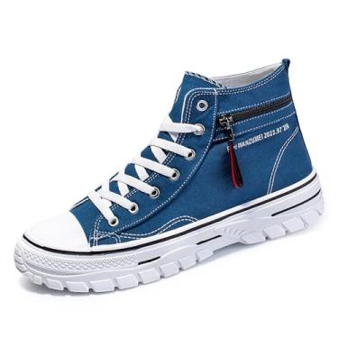 Imagem de Tênis masculino de lona de cano alto para caminhada, confortável, moderno, casual, tênis de skate com sola macia, Azul, 41