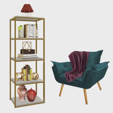 Imagem de Kit Poltrona Fatte com Manta Soft Bordô e Estante Livreiro Ferro Dourado mdf Marmorizado Cinza Suede Azul Turquesa - Ahz Móveis