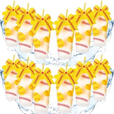 Imagem de Skylety 12 conjuntos de copos esportivos de plástico com tampa e laço de palha decorado 680 g copos de plástico reutilizáveis com tema de bola presentes esportivos para fã amigo bola de aniversário