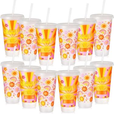 Imagem de Uiifan Copo de plástico com tampa e canudo com tema de 12 peças, copos reutilizáveis de 680 g, presentes para crianças, homens, mulheres, artigos de festa de aniversário (Groovy)