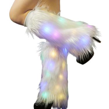 Imagem de Polainas felpudas polainas de pele para mulheres 15,8 polegadas moda pele sintética botas capas iluminadas branco quente inverno felpudo polainas para mulheres senhoras com luz