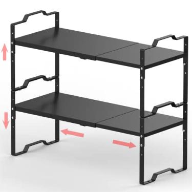 Imagem de Jojocross Prateleira expansível para organizador de armário, rack empilhável de especiarias na cozinha e no banheiro, organização de armário de bancada e balcão (Médio/2 pacotes/preto)
