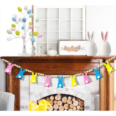 Imagem de Arciveberg Guirlanda De Páscoa Rústica - Faixa Com Contas Madeira Tema Coelho, Decorações Fazenda Primavera Pré-Montadas Para Lareira E Parede
