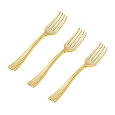 Imagem de N9R 300 Mini Garfos De Plástico Dourados, 4 Polegadas – Descartáveis Resistentes Para Coquetéis, Sobremesas E Aperitivos, Utensílios Elegantes Servir Festas, Degustações, Petiscos, Casamentos Evento