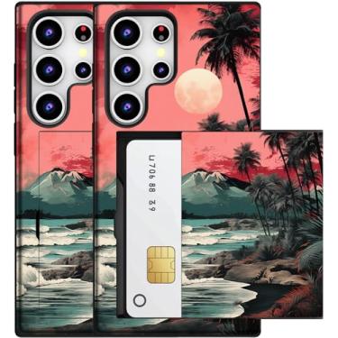 Imagem de MUQR Capa compatível com Samsung Galaxy S25 Ultra com porta-cartão fofo - Capa tipo carteira robusta com design Kawaii, proteção contra quedas de grau militar (pôr do sol do mar preto)