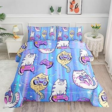 Imagem de Datura home Conjunto de Edredom de Gato Azul Kawaii com Estampa de Gato, Conjunto de Cama com 1 Edredom e 2 Fronhas para Quarto de Meninos e Meninas, Todas As Estações (Gato Azul Duplo)