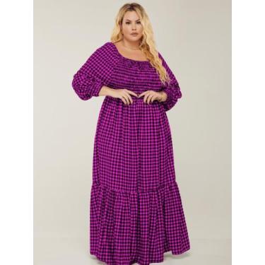 Imagem de Vestido Plus Size Xadrez Longo Meia Estação Manga Comprida Lastex Ajus