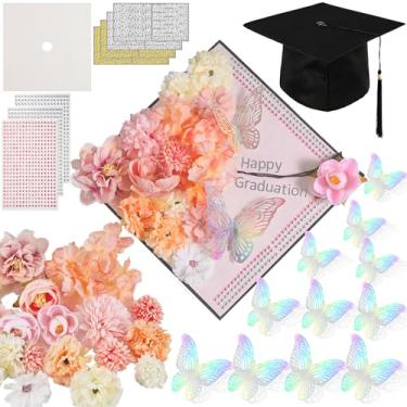 Imagem de Kit de acessórios de decoração de boné de graduação DIY com tampa graduada, adesivos de borboleta 3D, flores falsas, adesivos alfanuméricos, adesivos de strass, papel cartolina com glitter para