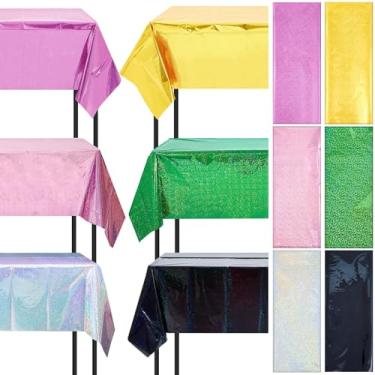 Imagem de LOYIM 6 peças de toalha de mesa holográfica para festa, multicolorida, 137 cm x 274 cm, plástico iridescente, brilhante, laser, tema bruxa, princesa, decoração de aniversário, cosplay
