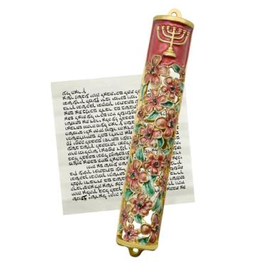 Imagem de MrMrKura Mezuzá com rolagem para porta, capa mezuzá de bênção de liga de zinco e esmalte para porta, mezuzha pintado colorido kosher para presentes judaicos/decoração judaica, Natal (vermelho e