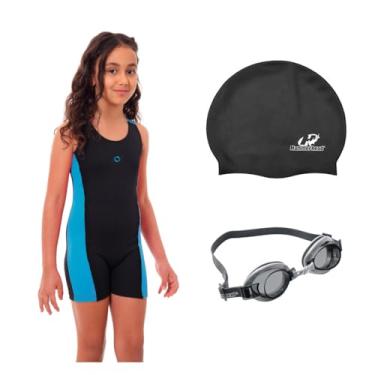 Imagem de Kit Maiô Macaquinho Natação Juvenil Infantil Touca Silicone + Óculos Uv (Preto/Turquesa - Touca Preto, 8)