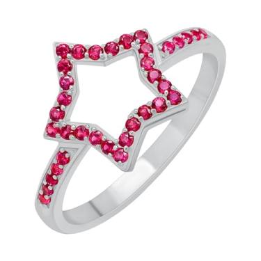 Imagem de GOURIK Anéis femininos banhados a ouro amarelo e branco 18K com rubi criado em laboratório/safira azul/diamante simulado/pedra esmeralda em forma de estrela - joia leve com pedra do mês de nascimento