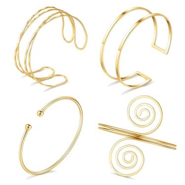 Imagem de FIRAZIO Conjunto de 4 peças de punho dourado para mulheres, pulseira de braço ajustável, pulseira de braçadeira minimalista, joia de braço de bobina, 7, Aço inoxidável, Sem Pedra Preciosa