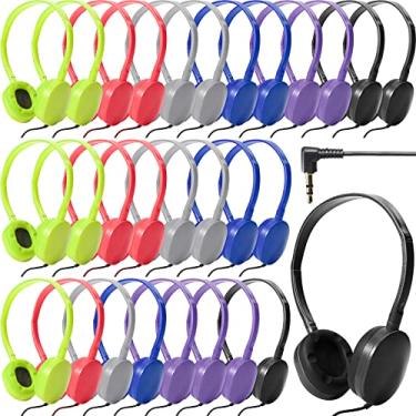 Imagem de Pacote com 30 fones de ouvido com fio, fones de ouvido ajustáveis na orelha, fones de ouvido infantis com estéreo, fones de ouvido infantis para crianças, meninos, meninas, escolas, laptop, viagem